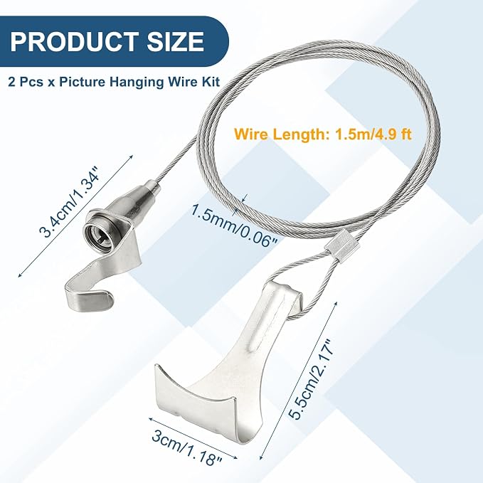 uxcell 2Pcs Picture Hanging Wire Kit, 1.5 m x 1.5 mm Heavy Duty Picture Hangers - Image 2