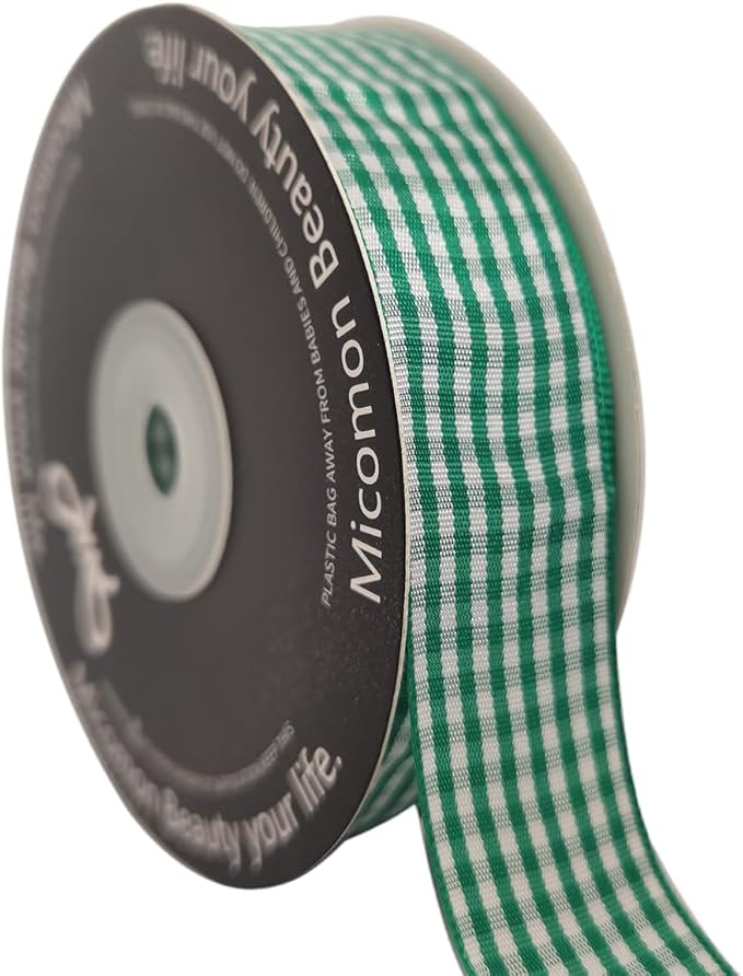 Green and White Woven Edge Plaid Ribbon 100% Polyester Gingham Ribbon 25 Yards by Micomon