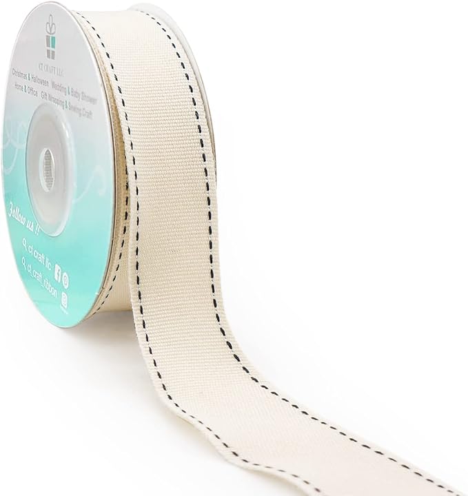 CT CRAFT LLC Ivory Cotton Black Stitched Ribbon 7/8" x 10 Yards by CTCRAFTLLC