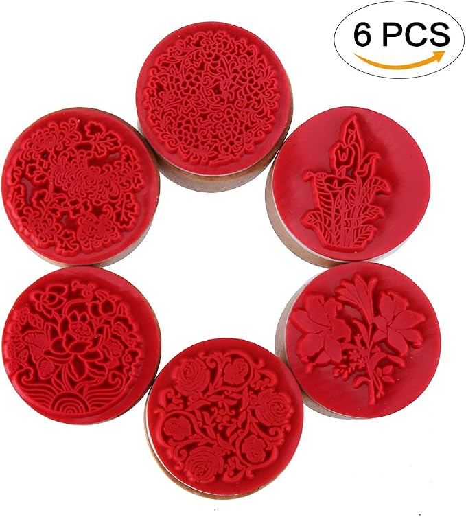 CCINEE 6pcs Round Rubber Stamps Floral Pattern Wooden Stamps - Image 2