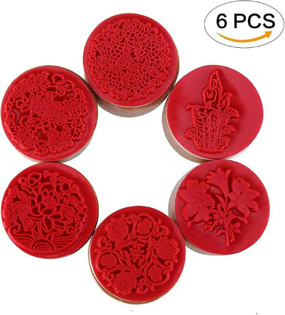 CCINEE 6pcs Round Rubber Stamps Floral Pattern Wooden Stamps - Image 2