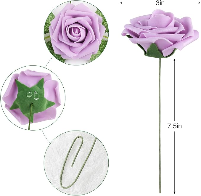 AmyHomie 25pcs Real Looking Artificial Lavender Roses w/Stem - Image 6