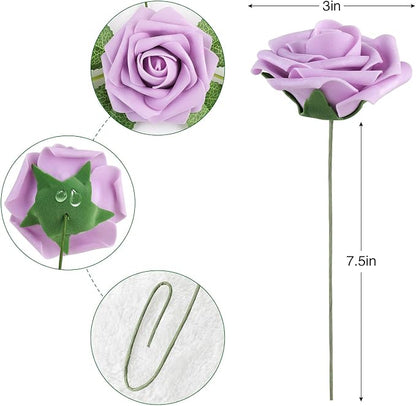 AmyHomie 25pcs Real Looking Artificial Lavender Roses w/Stem - Image 6