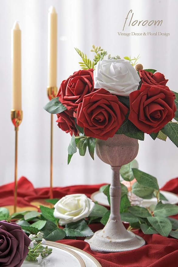 Floroom Artificial Flowers 50pcs Real Looking Dark Red Foam Fake Roses - Image 3