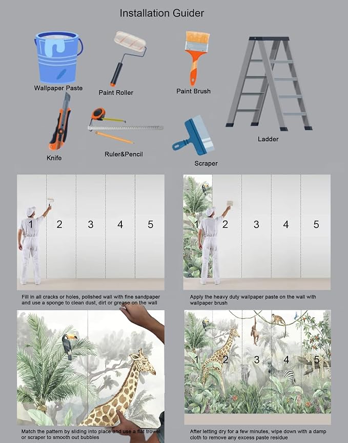 Kids Wallpaper Tropical Leves and Safari Animals Wall Mural - Image 5