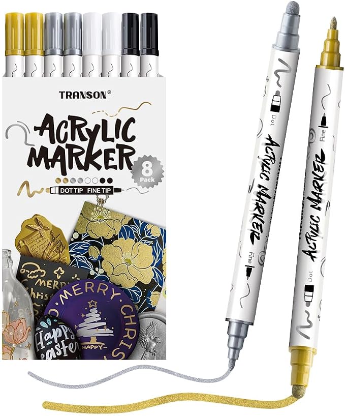 TRANSON 2 Gold, 2 Silver, 2 Black and 2 White Paint Markers Bold and Fine by Transon
