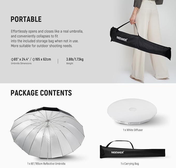NEEWER 65"/165cm Parabolic Reflective Umbrella Photography - Image 9
