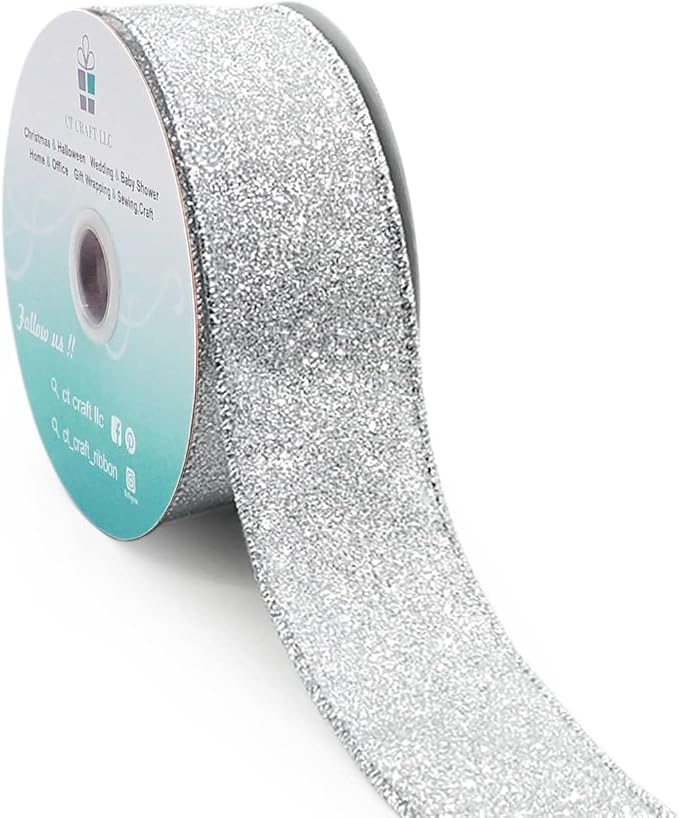 CT CRAFT LLC Glitter Wired Ribbon 1.5" x 10 Yards Silver by CTCRAFTLLC