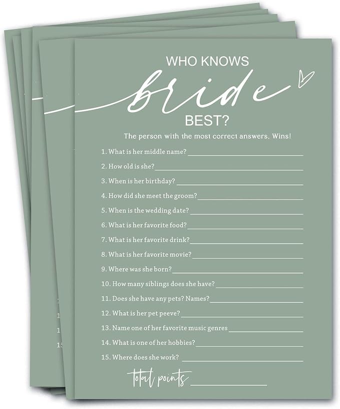 Bridal Shower Games Cards, 25 Guests, Educational, 5 x 7 inches by Wybgno