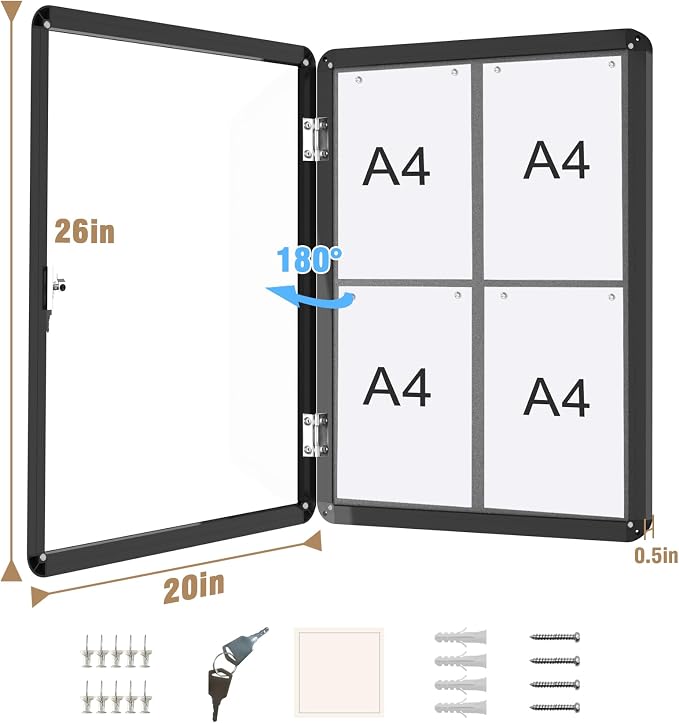 26"x20" Enclosed Bulletin Board, Lockable Weather-Resistant Aluminum Cork - Image 5