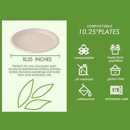 Vplus 500 Pack Compostable Disposable Paper Plates 10.25 inch Super Strong - Image 3