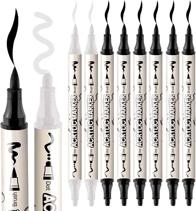 TRANSON 6 Black and 2 White Paint Markers Bold and Brush Dual-tip Acrylic Paint - Image 6