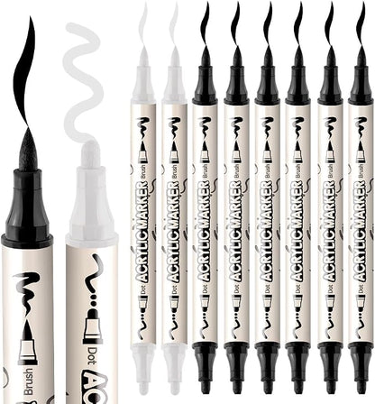 TRANSON 6 Black and 2 White Paint Markers Bold and Brush Dual-tip Acrylic Paint - Image 6