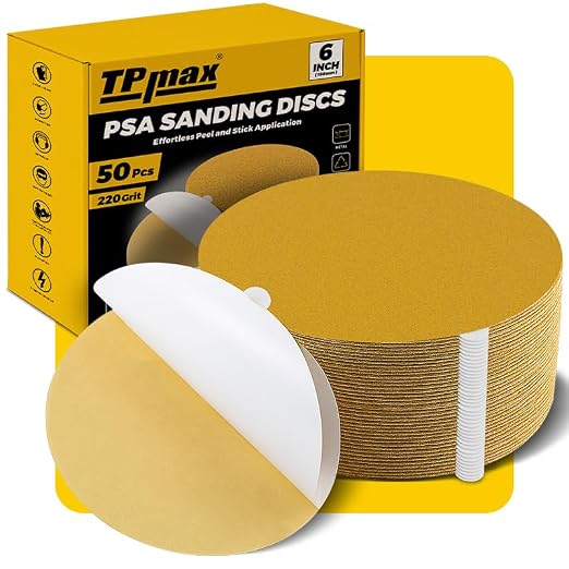 6-Inch 220-Grit Gold PSA Sanding Discs, 50 Pack – Pro-Grade Self-Adhesive by TPmax