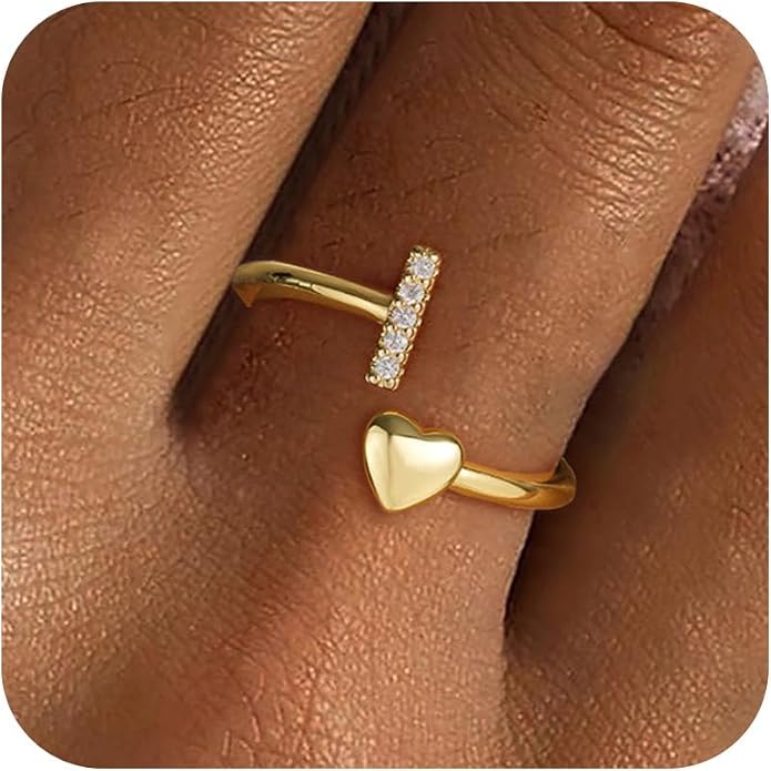Gold Initial Rings for Women Girls, Dainty 14K Gold Plated Adjustable Initial by FezodoJewelry