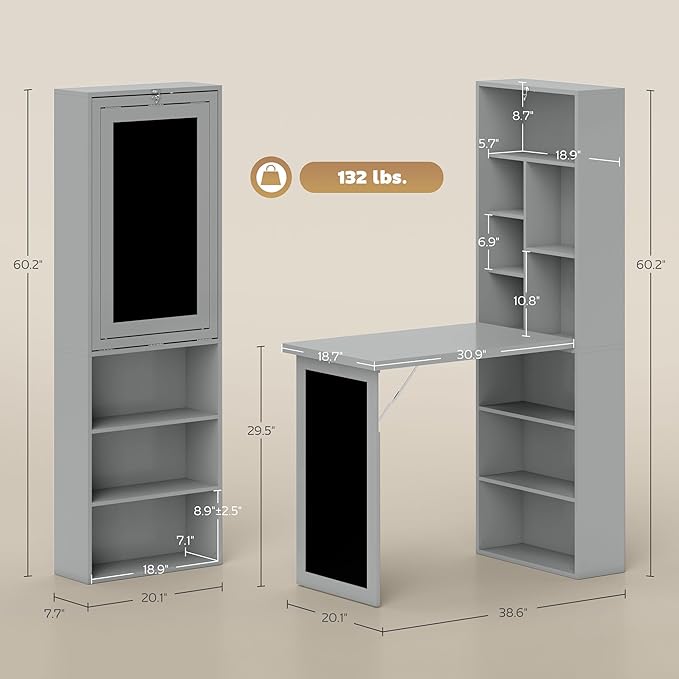 HOMCOM Fold-Out Convertible Writing Table, Wall Mount Desk Cabinet - Image 3