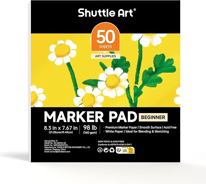 Shuttle Art Marker Pad, 8.3”x7.67” Portable Square Sketchbook, 50 Sheets Marker by ShuttleArt