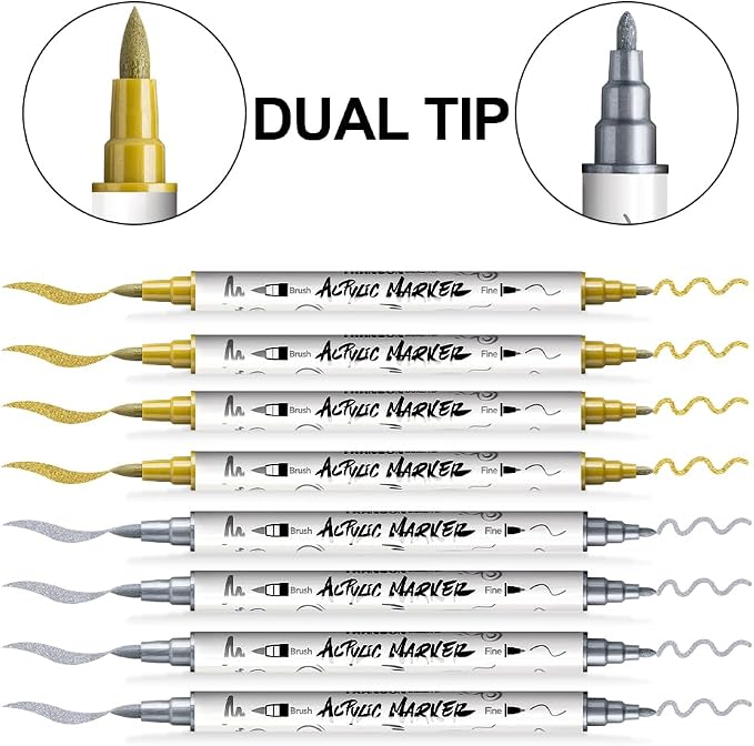 TRANSON 4 Gold and 4 Silver Paint Markers Brush and Fine Dual-tip Acrylic Paint - Image 4