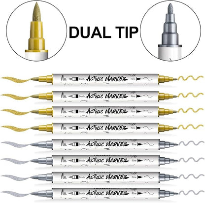 TRANSON 4 Gold and 4 Silver Paint Markers Brush and Fine Dual-tip Acrylic Paint - Image 4