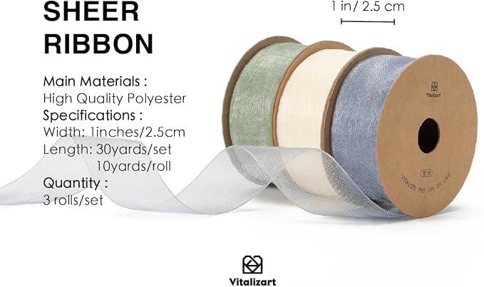 Vitalizart Organza Sheer Ribbon Set 1 inch x 30 Yd Handmade Fabric Ribbons - Image 2