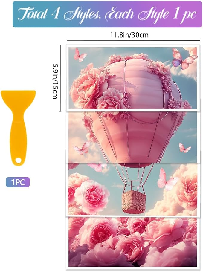 GLOBLELAND 4 Sheets Pink Roses Hot Air Balloons Rub on Transfers Pink Flower - Image 2