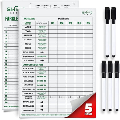 SWOOC Games® - 5 Big Premium Laminated Yardzee & Farkle Score Cards - Large by SwoocGames