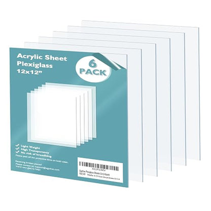 Egofine Plexiglass Sheets Acrylic Sheets 6 Pack of 12x12’’ 0.04 Thick Clear by Egofine