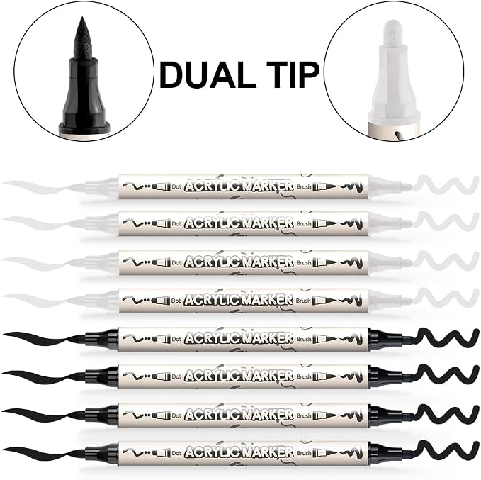 TRANSON 4 Black and 4 White Paint Markers Brush and Bold Dual-tip Acrylic Paint - Image 4