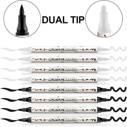 TRANSON 4 Black and 4 White Paint Markers Brush and Bold Dual-tip Acrylic Paint - Image 4