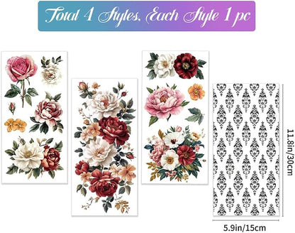 GLOBLELAND 4 Sheets Vintage Peony Flowers Transfer 11.8x5.9inch Flower - Image 2