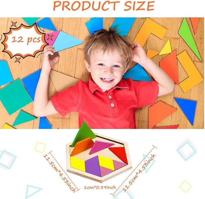 Meooeck 12 Pack Tangrams Wooden Puzzles Tangrams Classroom Set - Image 2