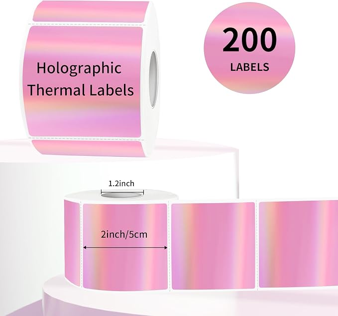 Square Thermal Labels Stickers 2" x 2", Holographic Pink Thermal Stickers Labels - Image 2
