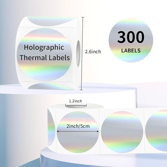 2" Circle Holographic Thermal Label Stickers, Round Printable Rainbow Glitter - Image 2