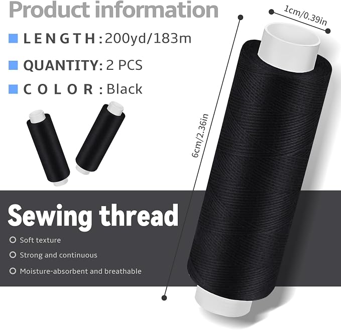 Bupete 2 Rolls Black Thread for Sewing, 200 Yards Each Roll Sewing Thread - Image 2