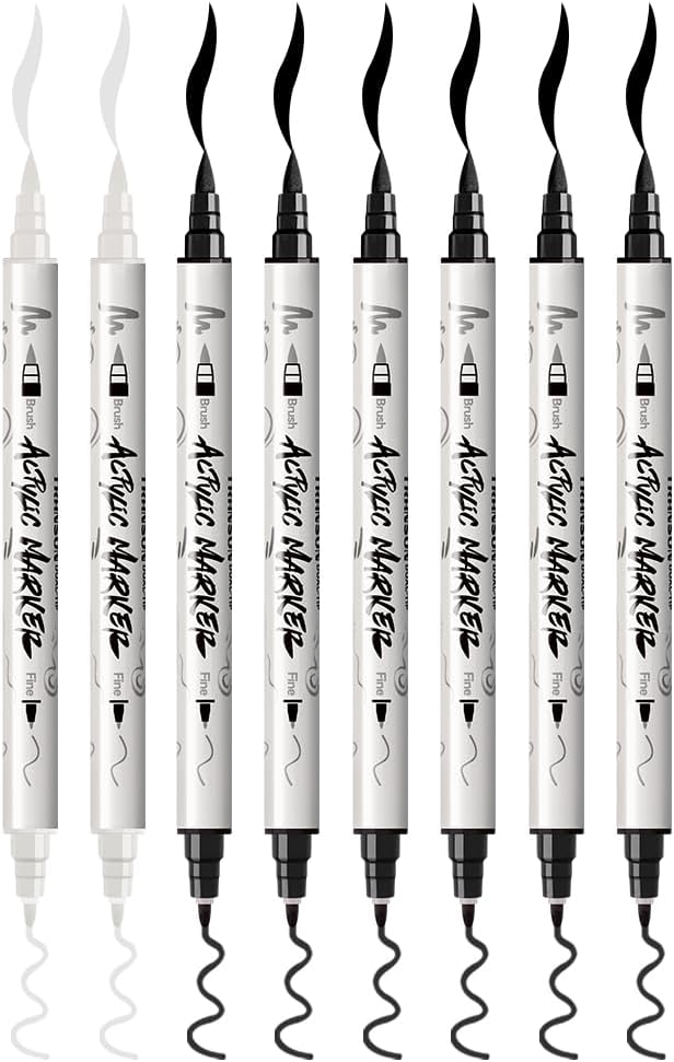 TRANSON 6 Black and 2 White Paint Markers Brush and Fine Dual-tip Acrylic Paint - Image 7