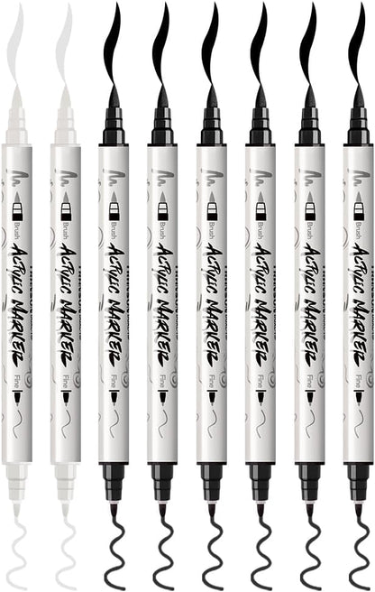TRANSON 6 Black and 2 White Paint Markers Brush and Fine Dual-tip Acrylic Paint - Image 7
