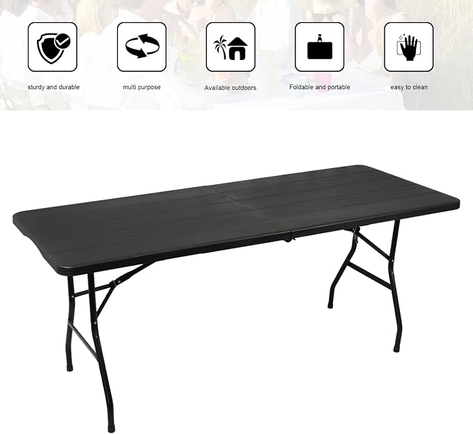70.8" W X 29" D X 29" H - 6 ft Folding Table Black Wood Grain Portable Heavy - Image 4