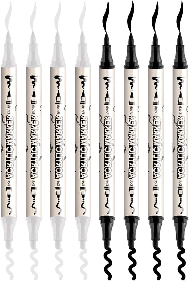 TRANSON 4 Black and 4 White Paint Markers Brush and Bold Dual-tip Acrylic Paint - Image 7