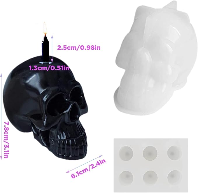 3D Skull Candle Silicone Molds Set, Skull Mold and 6 Holes Mini Candle Mold - Image 2