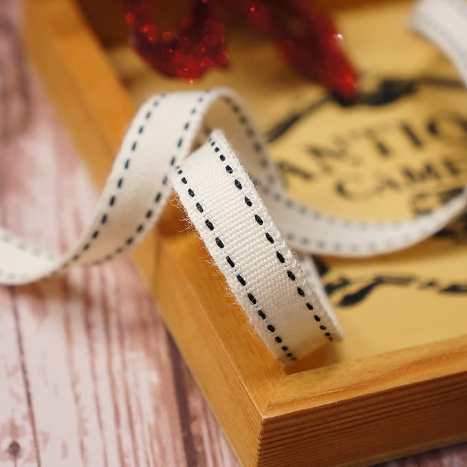 CT CRAFT LLC Ivory Cotton Black Stitched Ribbon 3/8" x 10 Yards - Image 6