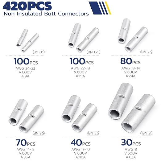 Haisstronica Non Insulated Butt Connectors Kit 420pcs Butt Connectors - Image 2