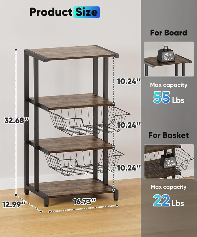 Media Stand with Two Detachable Baskets, 4-Tier AV Media Stand Corner Shelf - Image 4