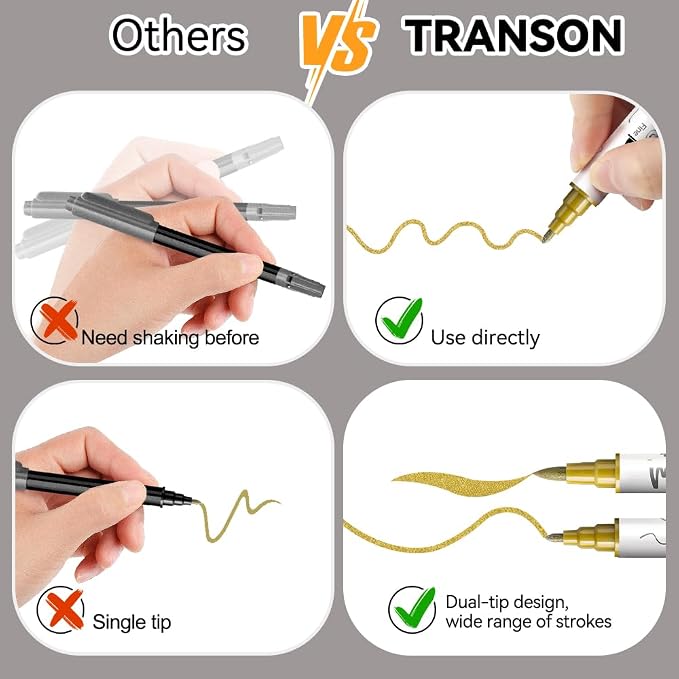 TRANSON 4 Gold and 4 Silver Paint Markers Brush and Fine Dual-tip Acrylic Paint - Image 5