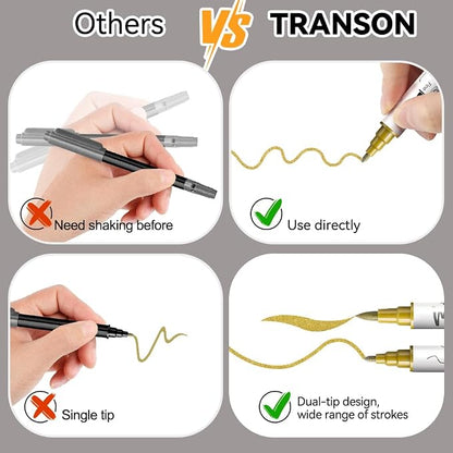 TRANSON 4 Gold and 4 Silver Paint Markers Brush and Fine Dual-tip Acrylic Paint - Image 5