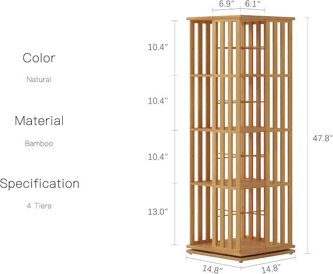 YOWOS Rotating Bookshelf Tower, 360 Display Spinning Bookcase, Bamboo Bookshelf - Image 2