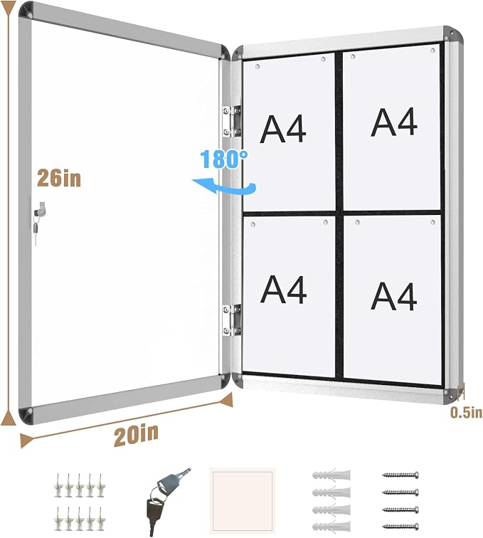 26"x20" Enclosed Bulletin Board, Lockable Weather-Resistant Aluminum Cork - Image 5