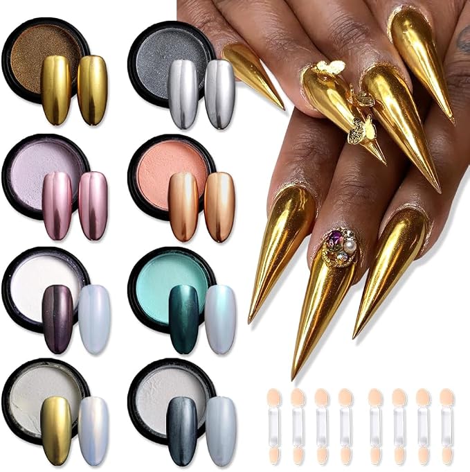 8 Jars Chrome Nail Powder Magic White Pearl Kit, Metallic Mirror Effect by SUTOKAKA