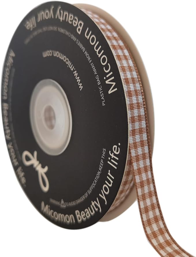 Micomon Khaki and White Woven Edge Plaid Ribbon 100% Polyester Gingham Ribbon by Micomon