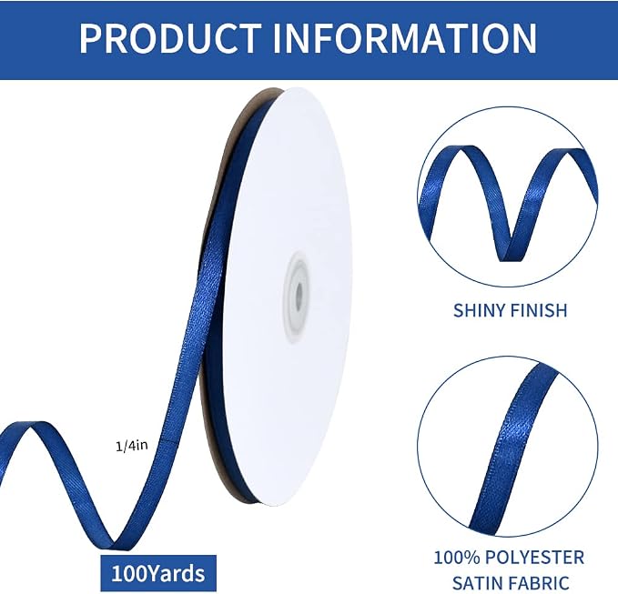 TONIFUL 1/4 Inch x 100yds Navy Blue Satin Ribbon, Thin Solid Color Satin Ribbon - Image 2