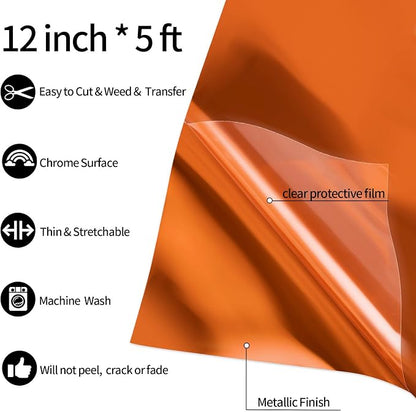 VINYL FROG Metallic Foil HTV Vinyl Roll 12" x5ft Orange Chrome Heat Transfer - Image 2